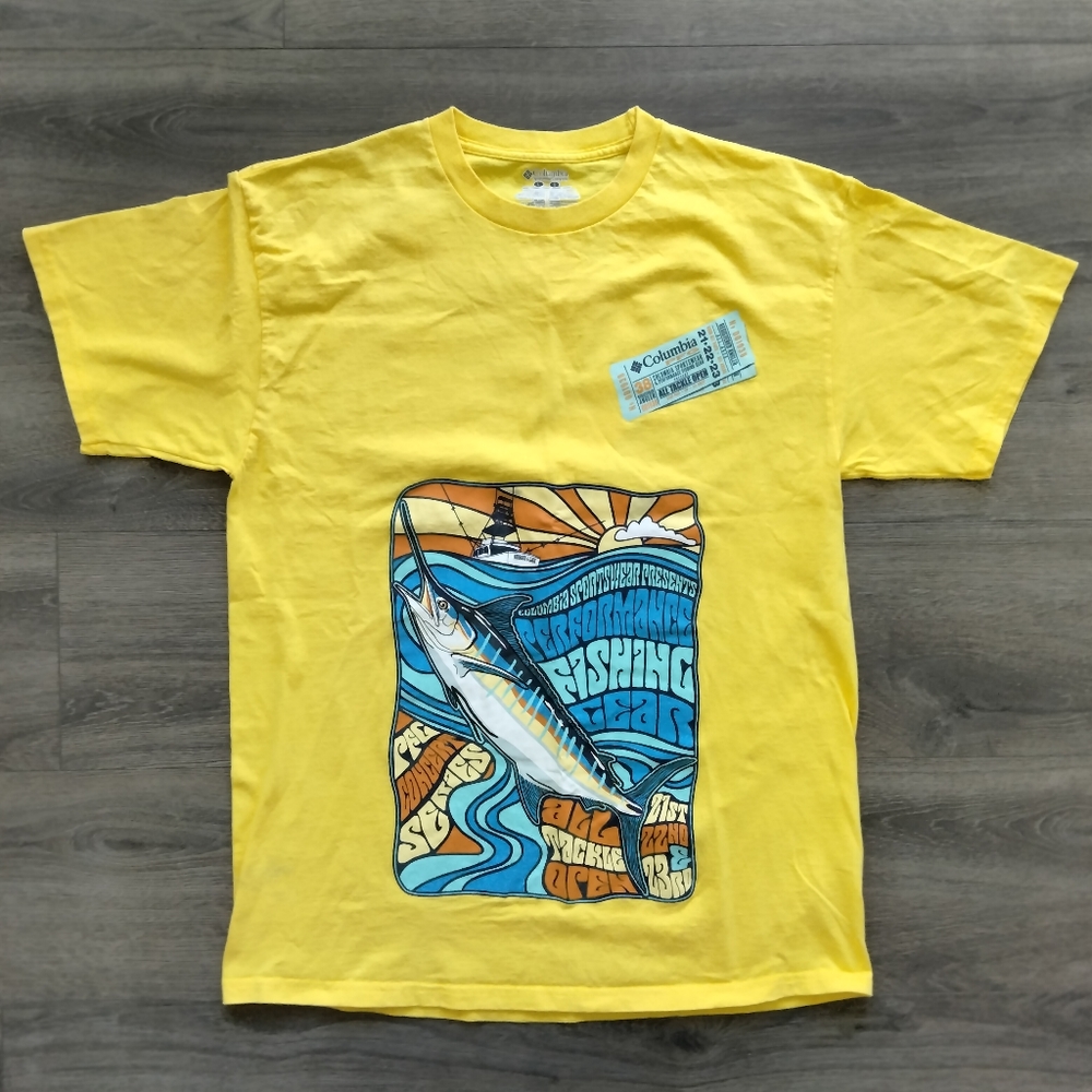 Columbia Sportwear Men's Vibrant Yellow Fishing Tee Tshirt Size L 100% Cotton
